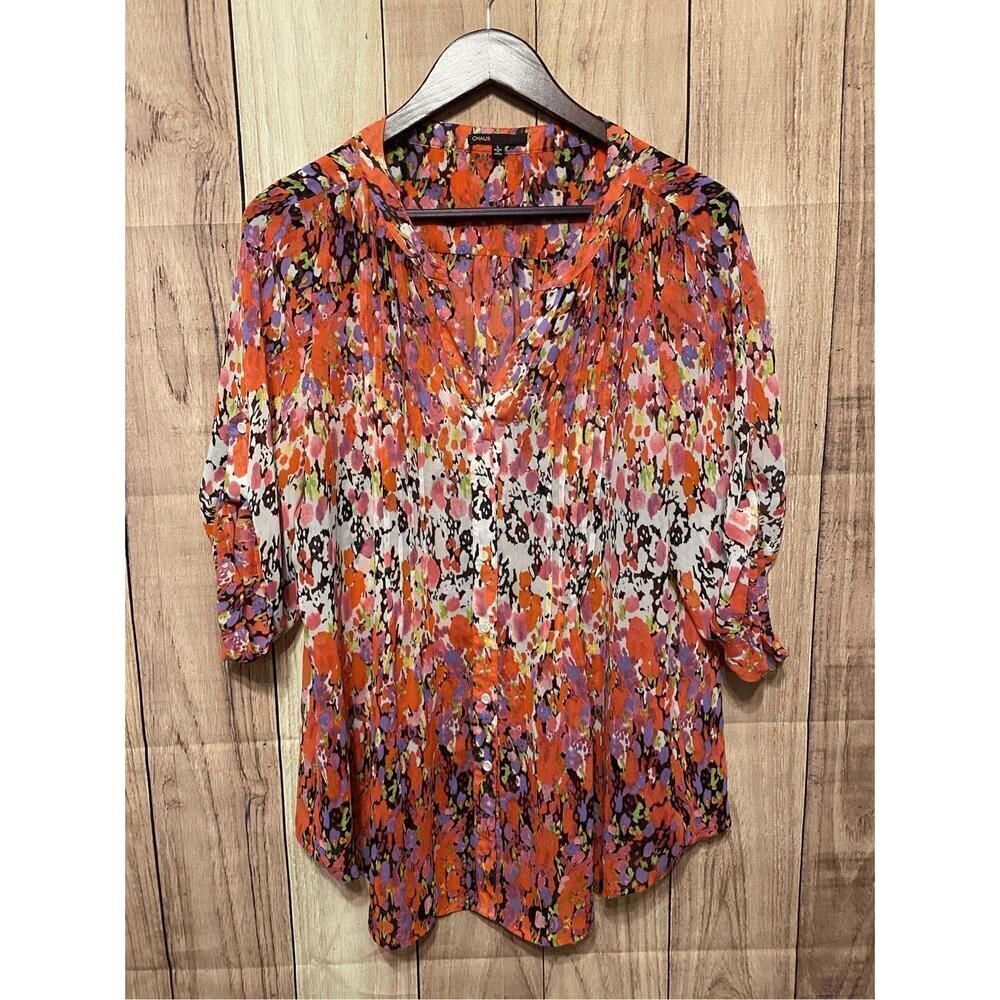 Chaus Large floral Top blouse shirt orange white button up